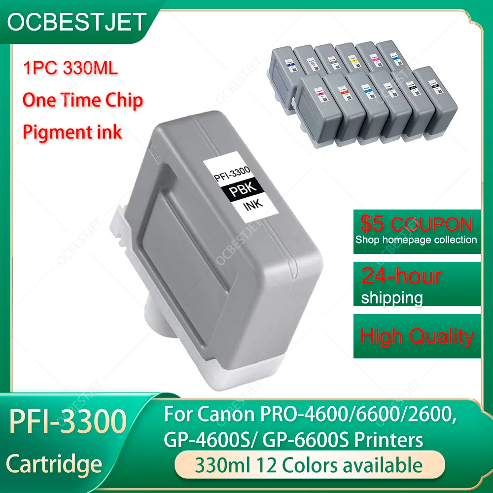 

Для CANON PFI-3300 Картридж 330 мл 1 шт. Полностью пигментные чернила для Canon PRO 4600 6600 2600 GP-4600S PFI 3300 Совместимый картридж