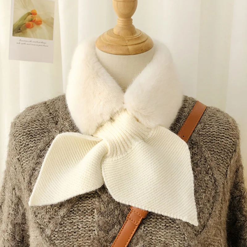 Korean Solid Faux Rabbit Fur False Collar Cross Plush Scarf Woman Winter Outdoor Wool Knit Thicken Neck Protect Warm Scarve  O77