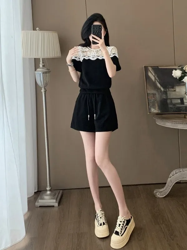 Summer Fashion Lace Splice Casual Style Women's Short Sleeve T-Shirt Shorts Set Slimming Effect Black Two-Piece Ensemble