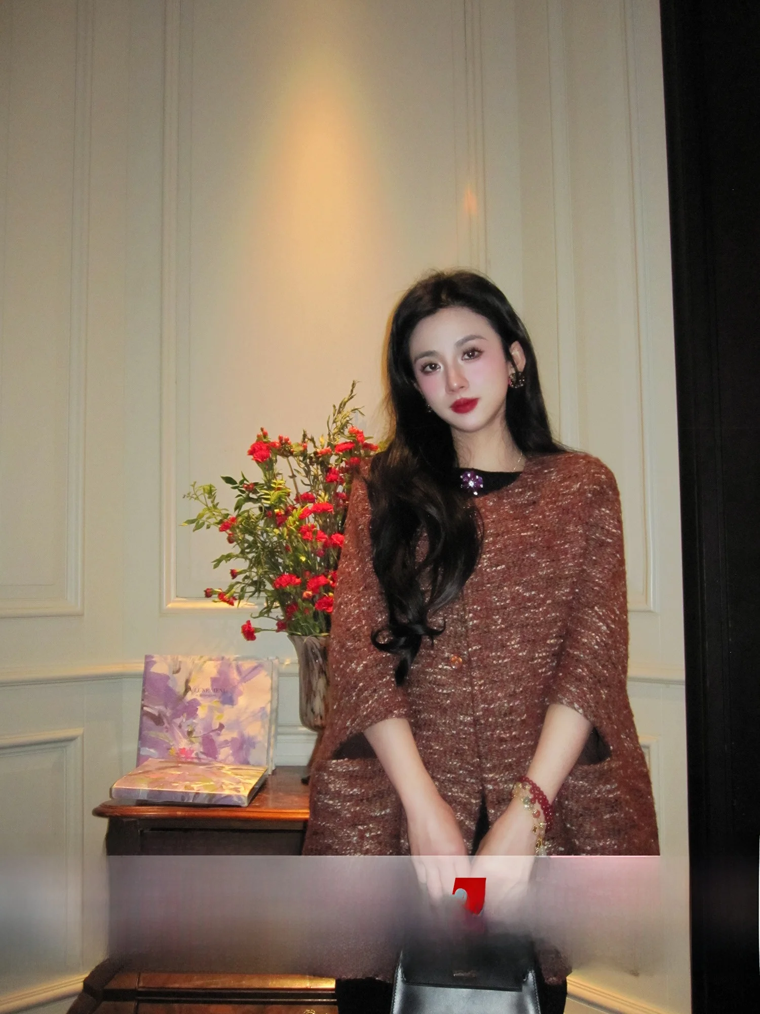 

New Chinese Sle National Trend Retro Woolen Weave Mixed Coat by MOSS STUDIO Ladies Loose Fit Long Sve round Ne Coat