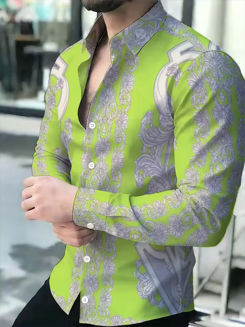 New men's retro exotic ethnic style 3D long sleeved shirt Mandala floral butterfly print lapel casual shirt