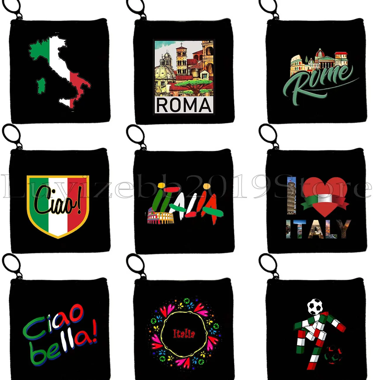 

Duomo Florence Forza Italia Colosseum Rome Pisa Ciao Italian Map Heart Flag Italy Canvas Coin Purse Key Case Bag Zipper Pouch