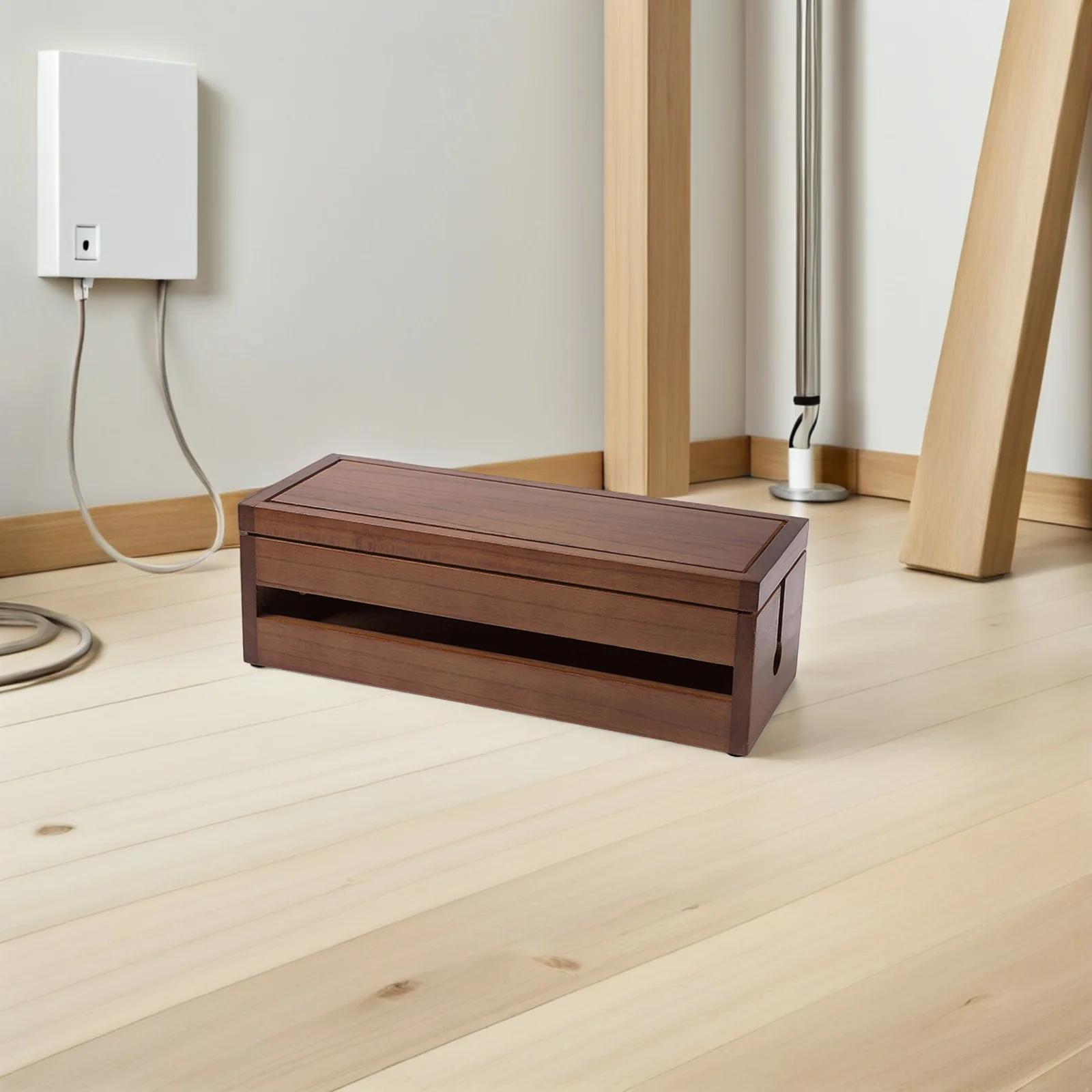 

1pc Wooden Cable Storage Box Wire Organizer For Power Strips Adapters Heat Dissipation Design Multi Functional Cord Manager