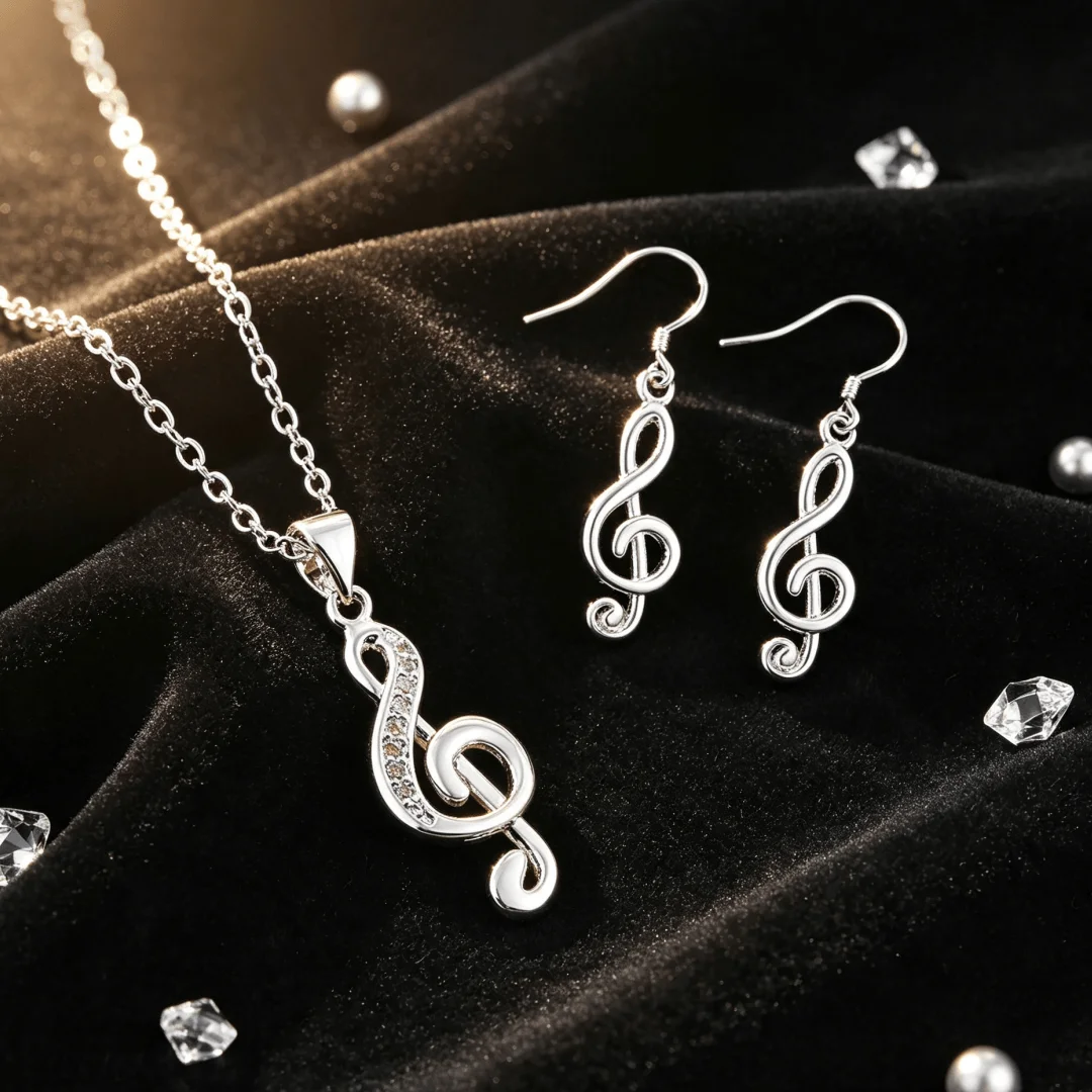 2pcs Set 925 Sterling Silver crystal Musical Necklace Earrings Jewelry Sets for Women lady Fashion Wedding Party Holiday Gifts