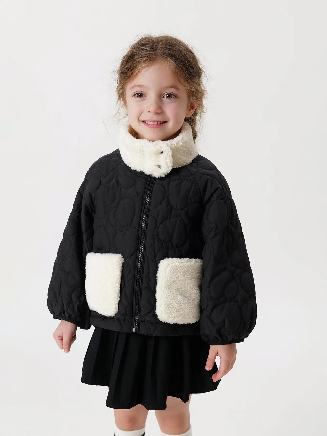 MARC & JANIE Girls Long Sleeve Faux Lamb Standing Collar Jacket Love Quilted Zipper Coat Loose Fashion Warm Outerwear 241227