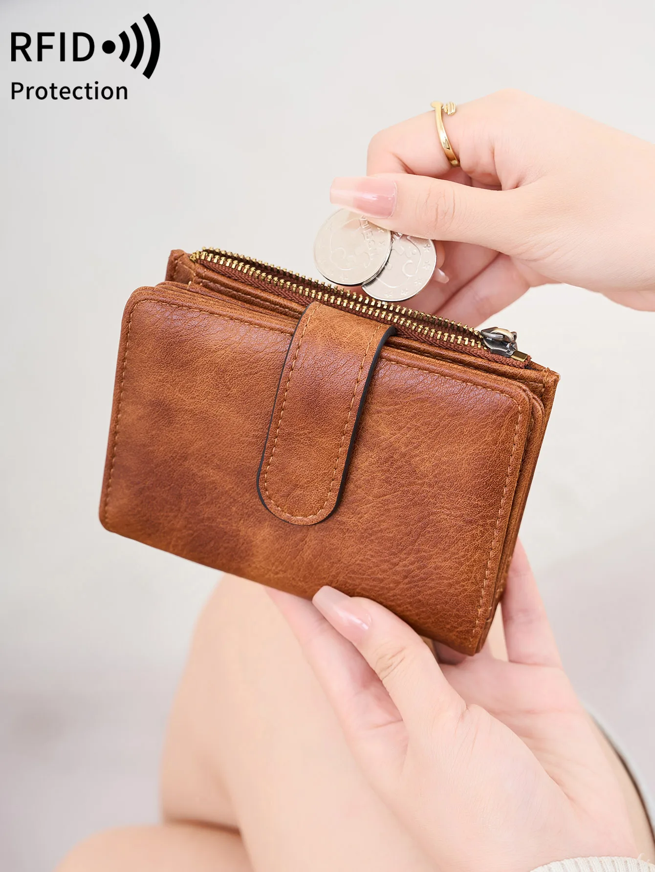 RFID Anti-Theft Women'S Wallet - Retro Trifold Coin Purse with Zipper Closure, Compact Short Wallet for Credit Cards, Cash & ID