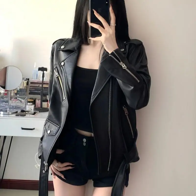

retro leather jacket coat Women's autumn spring new model design sense American style locomotive leather jacket tops solid top