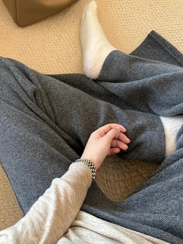 여성용 하이웨이스트 니트 와이드 레그 팬츠 가을 겨울 캐주얼 스트레이트 컷 다용도 루즈핏 보온 바지