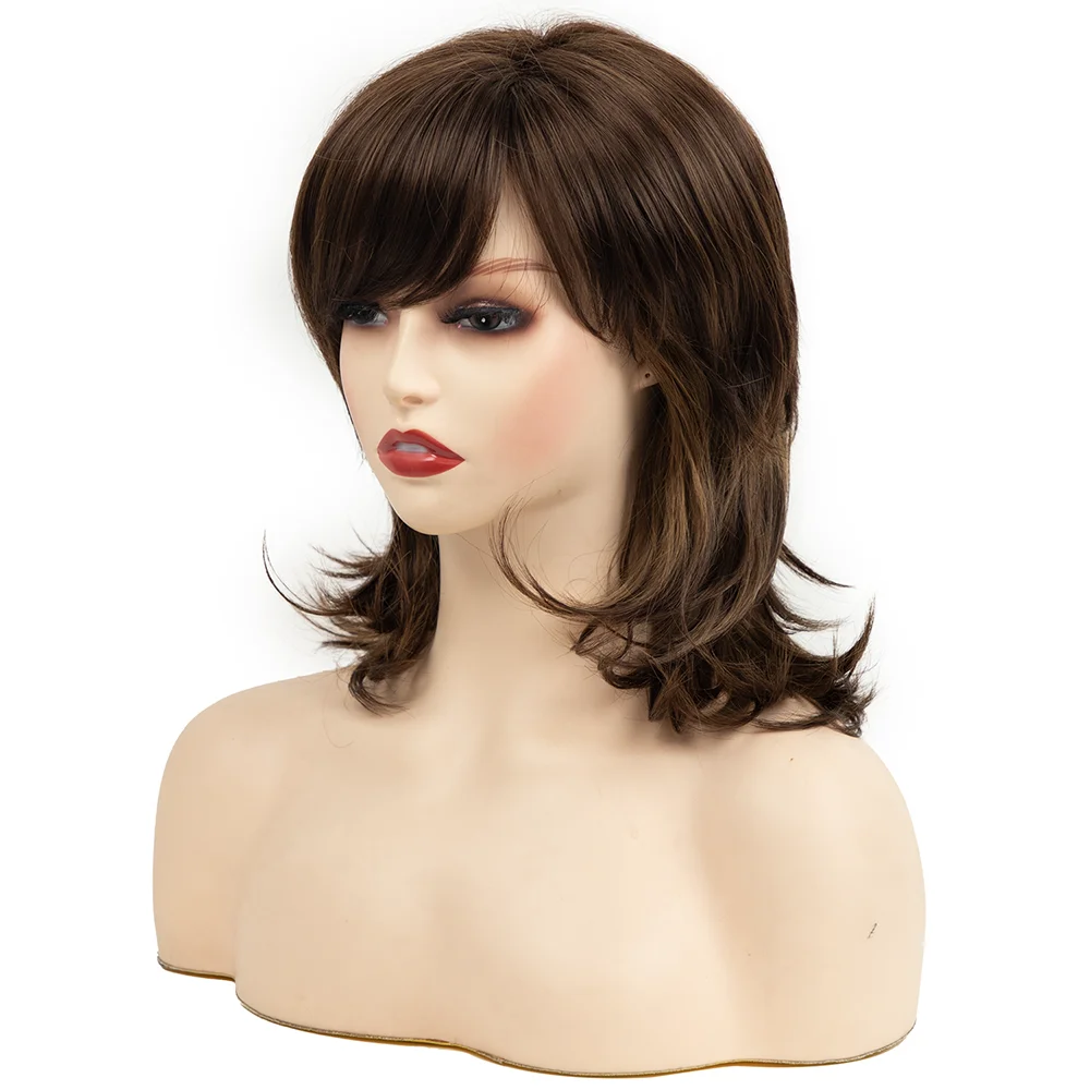 Short Straight Synthetic Wigs for Women Natural Wave Wigs with Side Bangs Cosplay Brown Hair Curly Bob Wig Heat Resistant