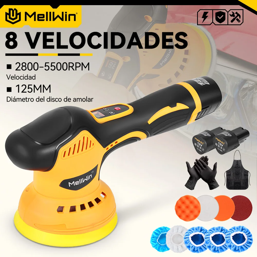 Pulidora Eléctrica Inalámbrica para Autos MELLWIN de 5500 rpm, 8 Ajustes, Herramienta Inalámbrica para Pulir, Encerar y Lijar para Batería de 12V