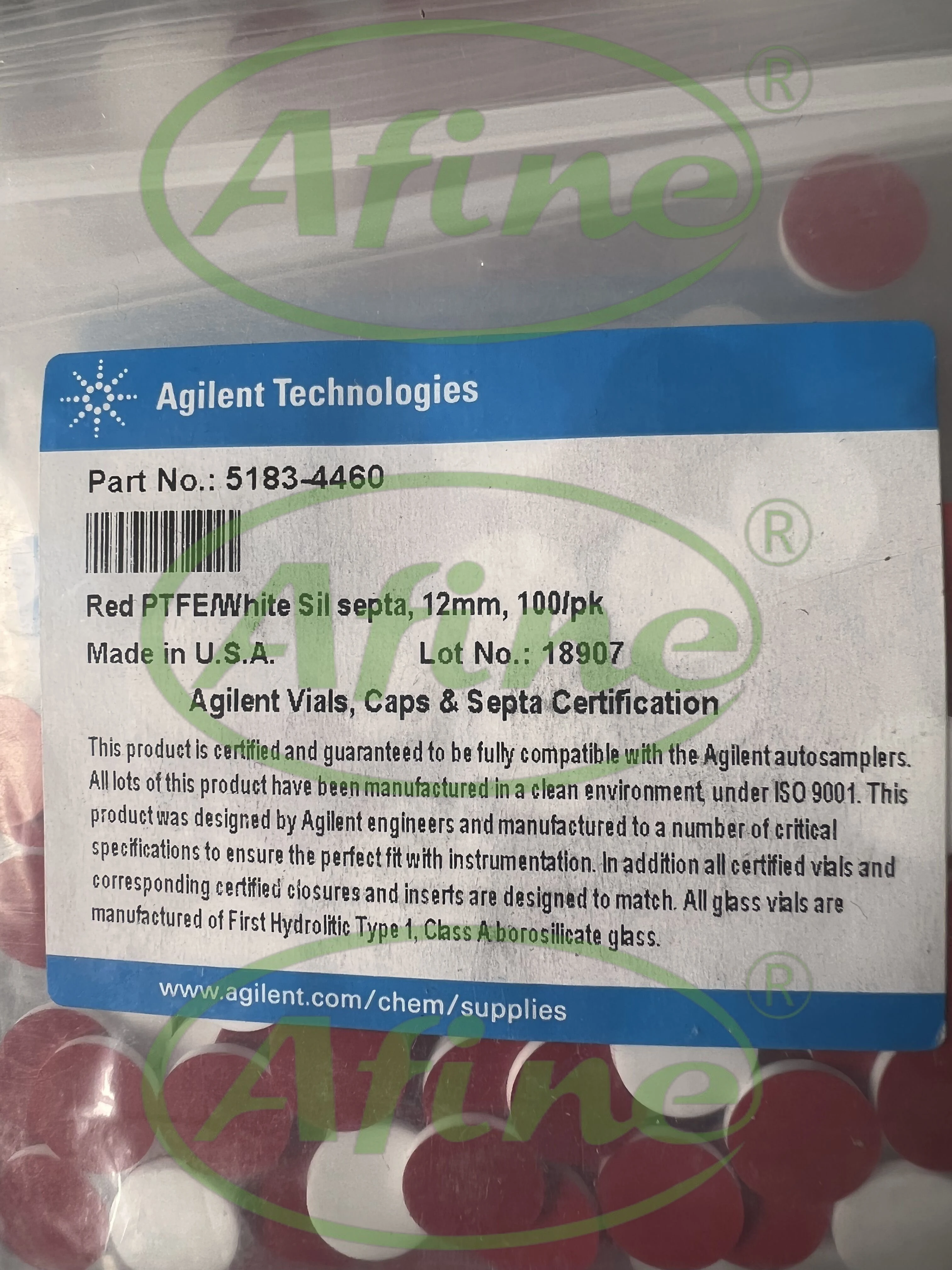 

AFINE Agilent 5183-4460 Red PTFE/White Silicone Septa, 12 mm (13-425 Cap), for 4 mL Vials, 100/pk