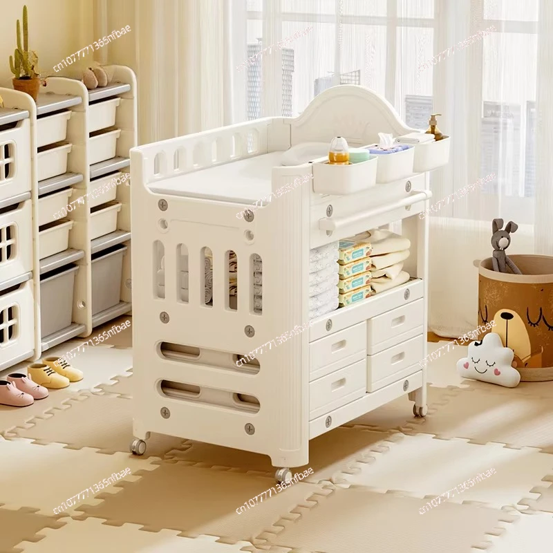 2in1 Baby Multifunctional Care Table, Beige Cream Plastic Diaper Changing Station with Storage Box & Baby Crib