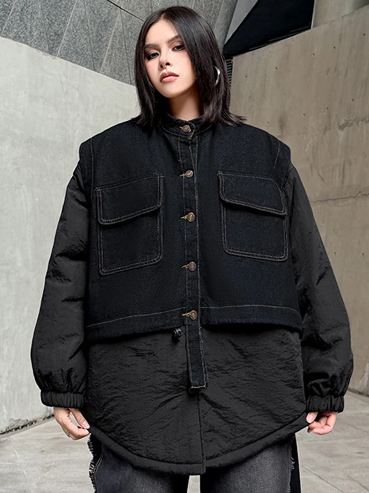 YERMORA negro falso dos piezas empalmado Denim Casual Chaqueta de algodón mujeres de manga larga suelta Chaqueta nueva moda Otoño Invierno 2025