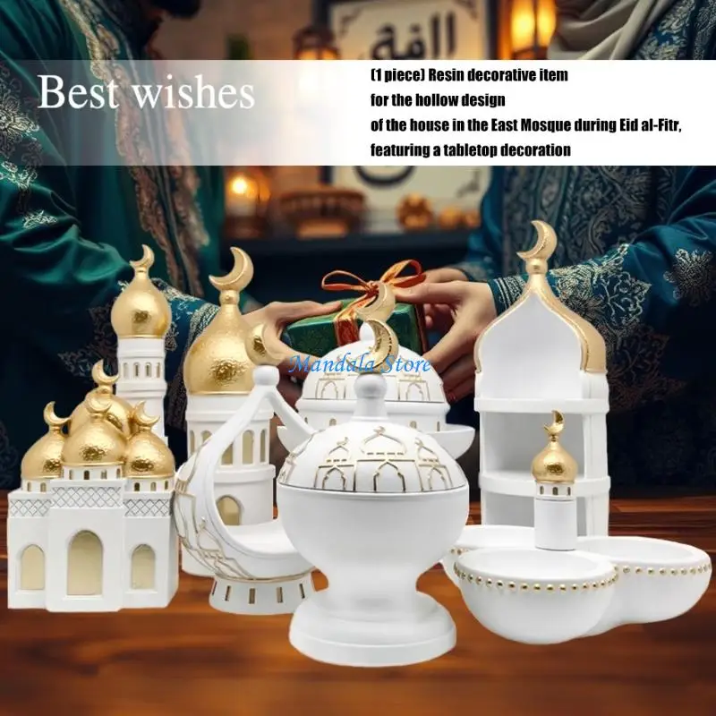 U2JC Gold and White Mosque Tower Display Desktop Ornament Islamic Cultural Decors