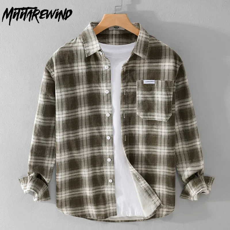

Spring Fall Plaid Shirt Men Daily Casual Shirts Pure Cotton Tops Lapel Pocket Long Sleeve Man Shirts Japanese Vintage Clothes