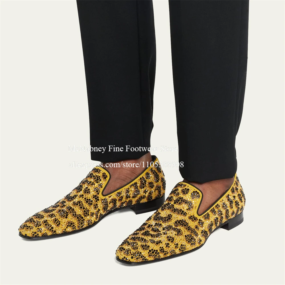 Crystal Embellished Yellow Leopard Loafers Men Round Toe Slip on Dress Shoes Handmade Wedding Business Gentlemen Formal Shoes