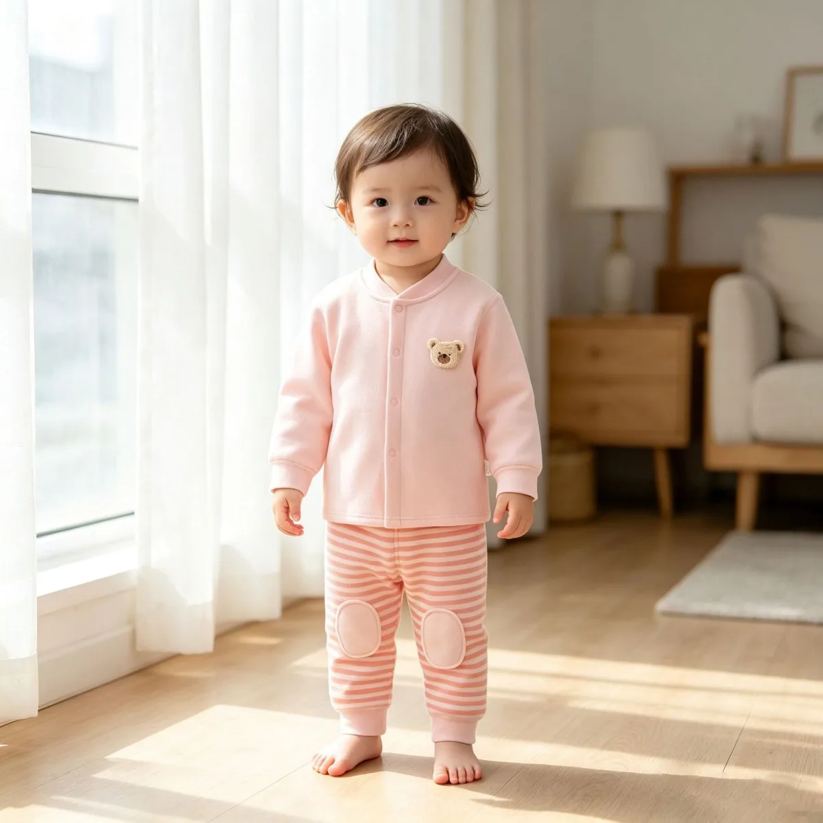 Baby Warm Underwear Set Soft Long Sleeve Top & High Waist Striped Pants Toddler Base Layer Suit 2pcs with Cute Bear Fall Winter