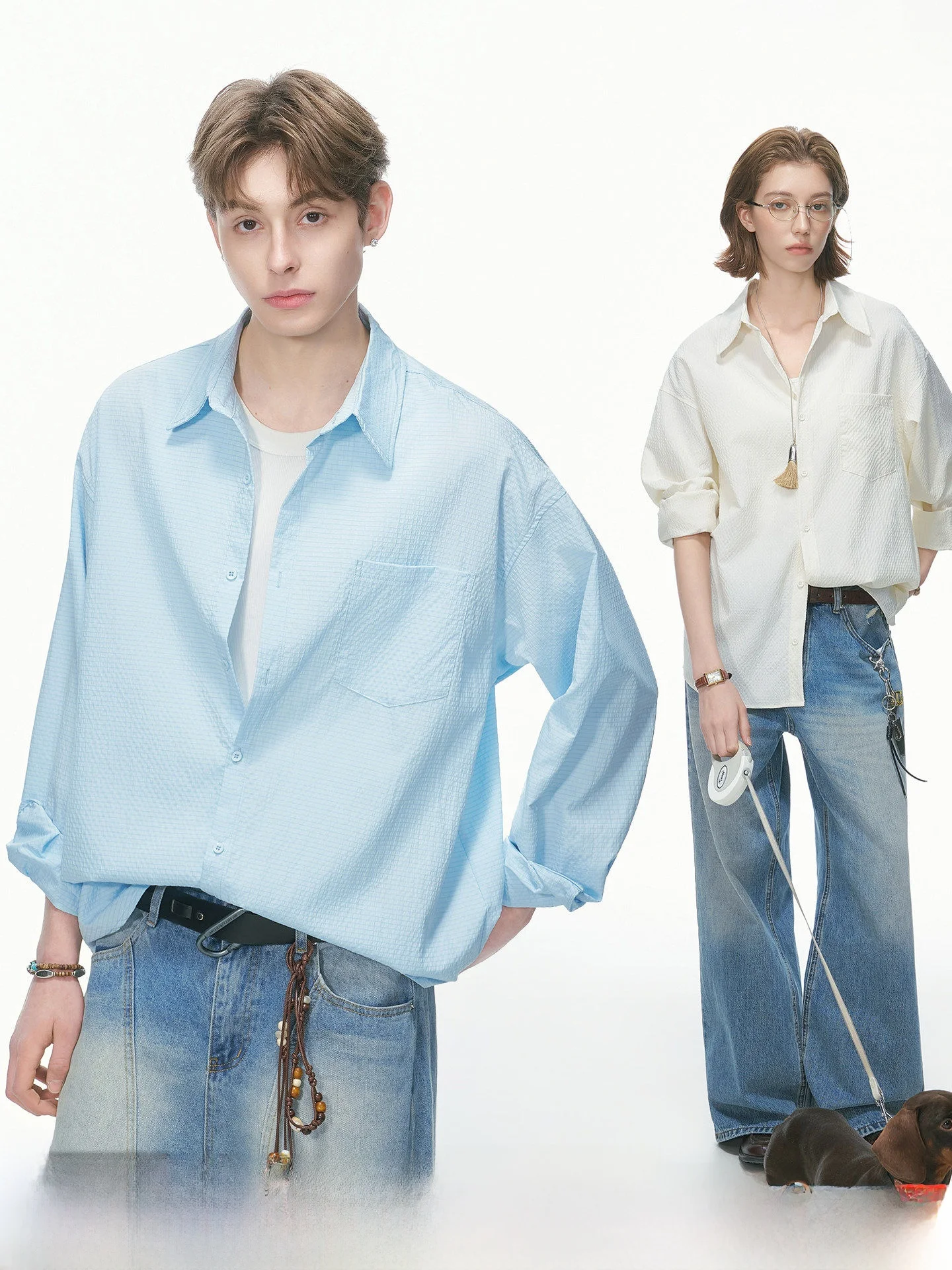 

Minimalist Commute Blue Long Sleeve Casual Shirt Mens Summer Couple Texture Loose Fit Polyester Fiber Breathable Youth Fashion