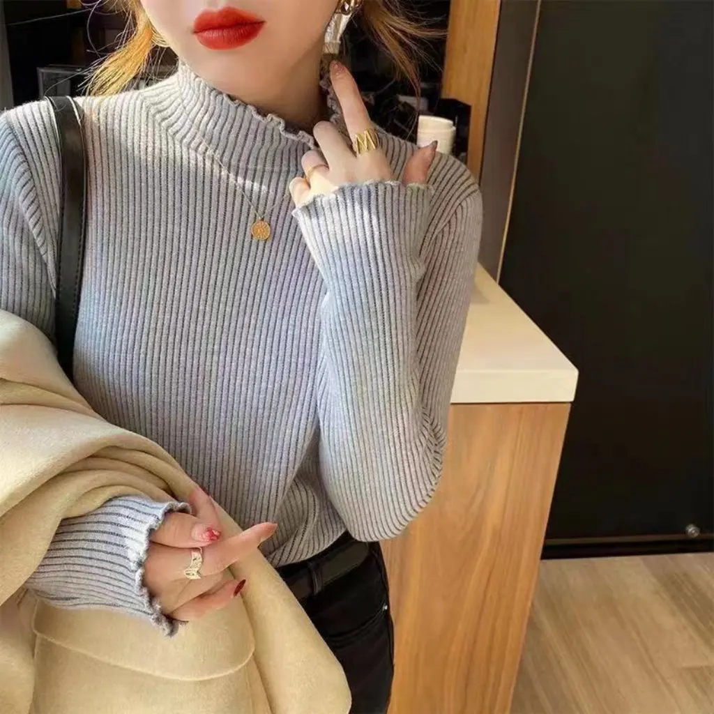 

Women's Fashion Half-Turtleneck Ruffled Edge Fleece-Lined Base Shirt Autumn/Winter Thick Wool Blend Open Cardigan
