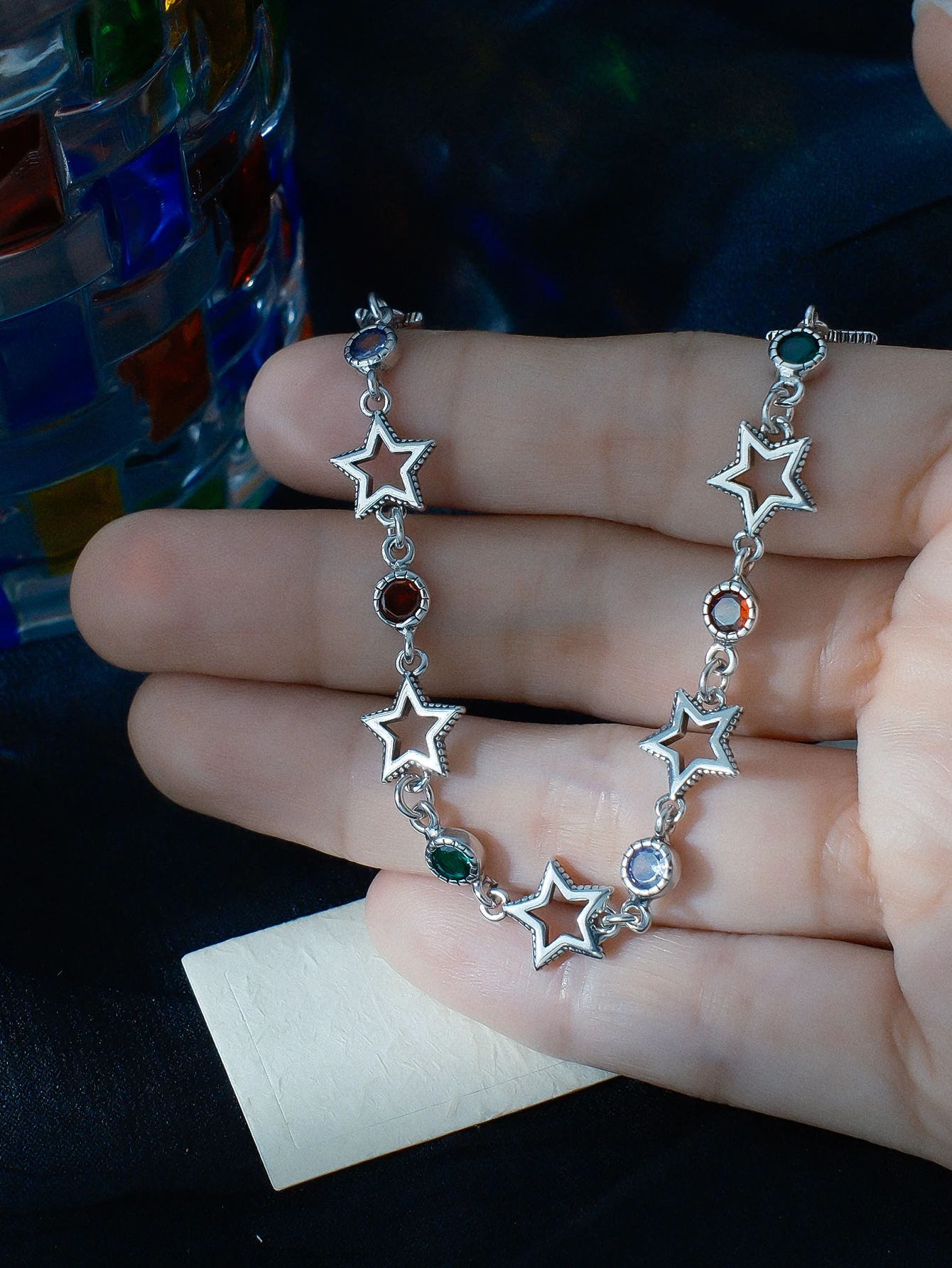 Simple Colorful Zircon Star Bracelet for Women, Niche Personality Hip-Hop Style, High-End Versatile Five-Pointed Star Jewelry