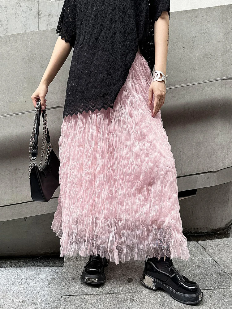 High Elastic Waist Black Pleated Mesh Casual A-line Half-body Skirt Women Fashion Tide New Spring Autumn