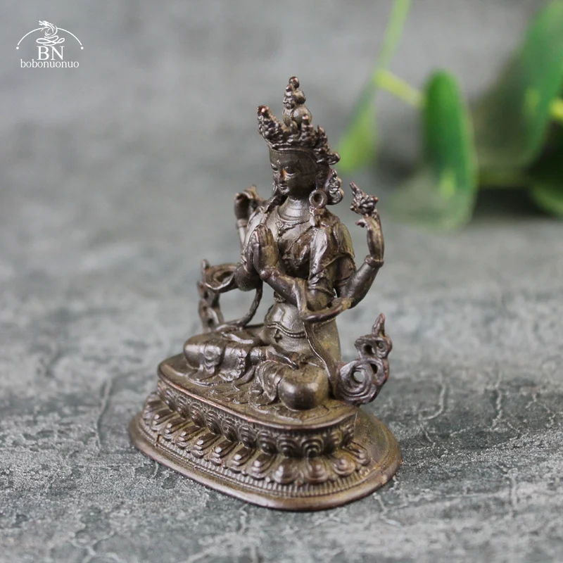 Quatro braços Avalokitesvara Bidhisattva Estátua, Antique cobre Enfeites de mesa, tibetano padroeiro São Figurinhas, Decoração para casa Artesanato