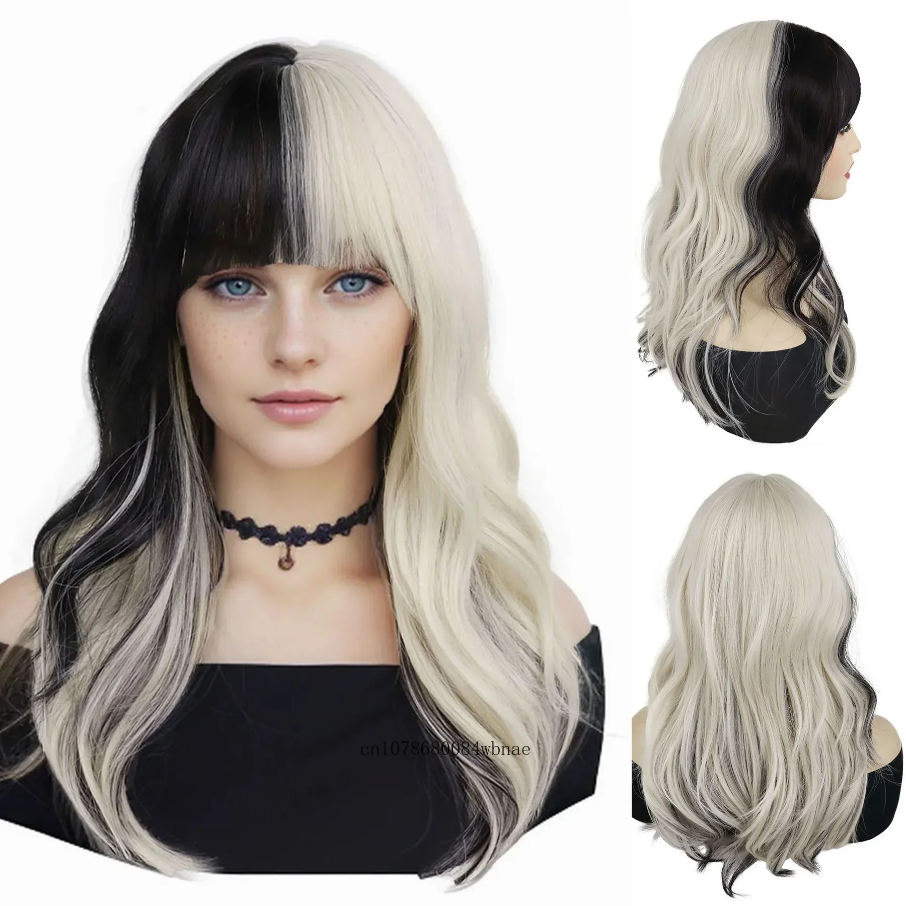

Half Black Half Platinum White Synthetic Long Curly Wavy Wig with Bangs for Women Daily Party Cosplay Halloween Costume Wigs