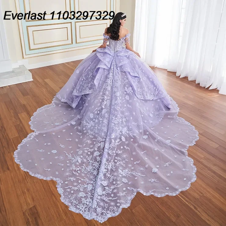 EVLAST Customized Grey Quinceanera Dress Ball Gown Off Shoudler Lace Applique Beaded Cape Sweet 16 Vestidos De 15 Anos TQD842