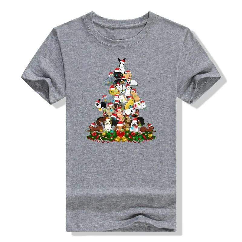 Bunny Christmas Tree Graphic T-Shirts Funny Rabbits Printed Aesthetic Clothes Basic Cotton Outfits Family Matching Tee Xmas Gift