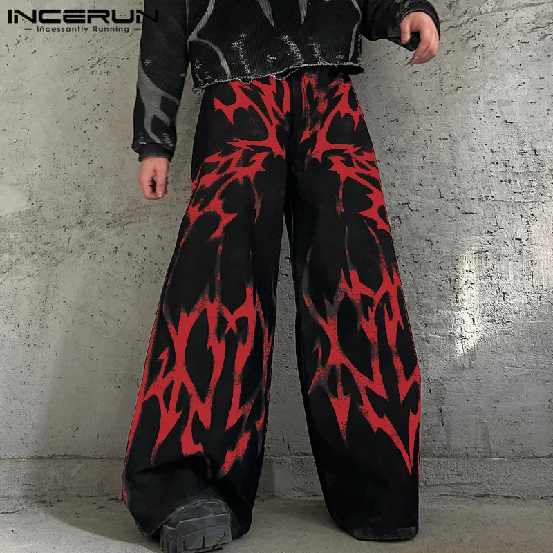 Gradient Pattern Handsome Button Male Bottoms INCERUN Men Street Fashion Loose Long Pants 2024 Casual Printing Wide Leg Trouser