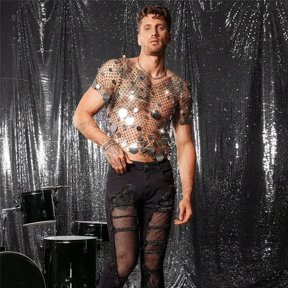Men's Nightclub Flashy V-Neck Short Sleeve Summer Sexy Openwork Mesh Top Breathable Beaded Sequined Design Men's Clothing