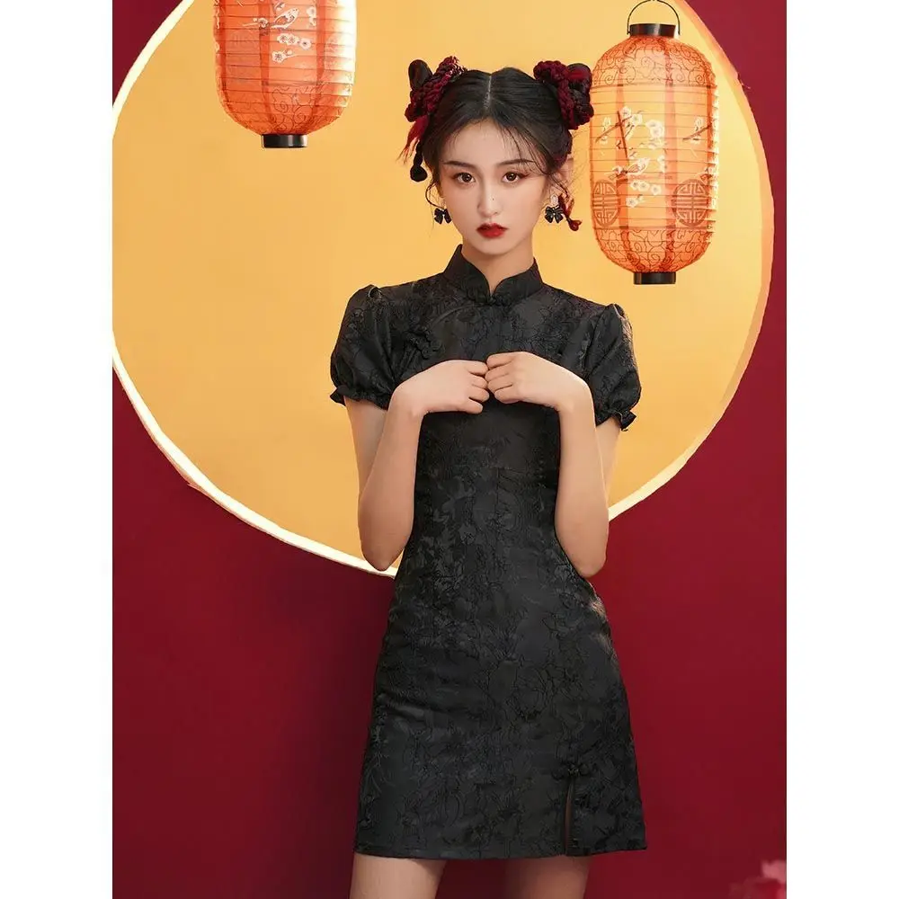 Black cheongsam 2024 new summer young French girl dress national fashion small short temperament  cheongsam dress modern 2024