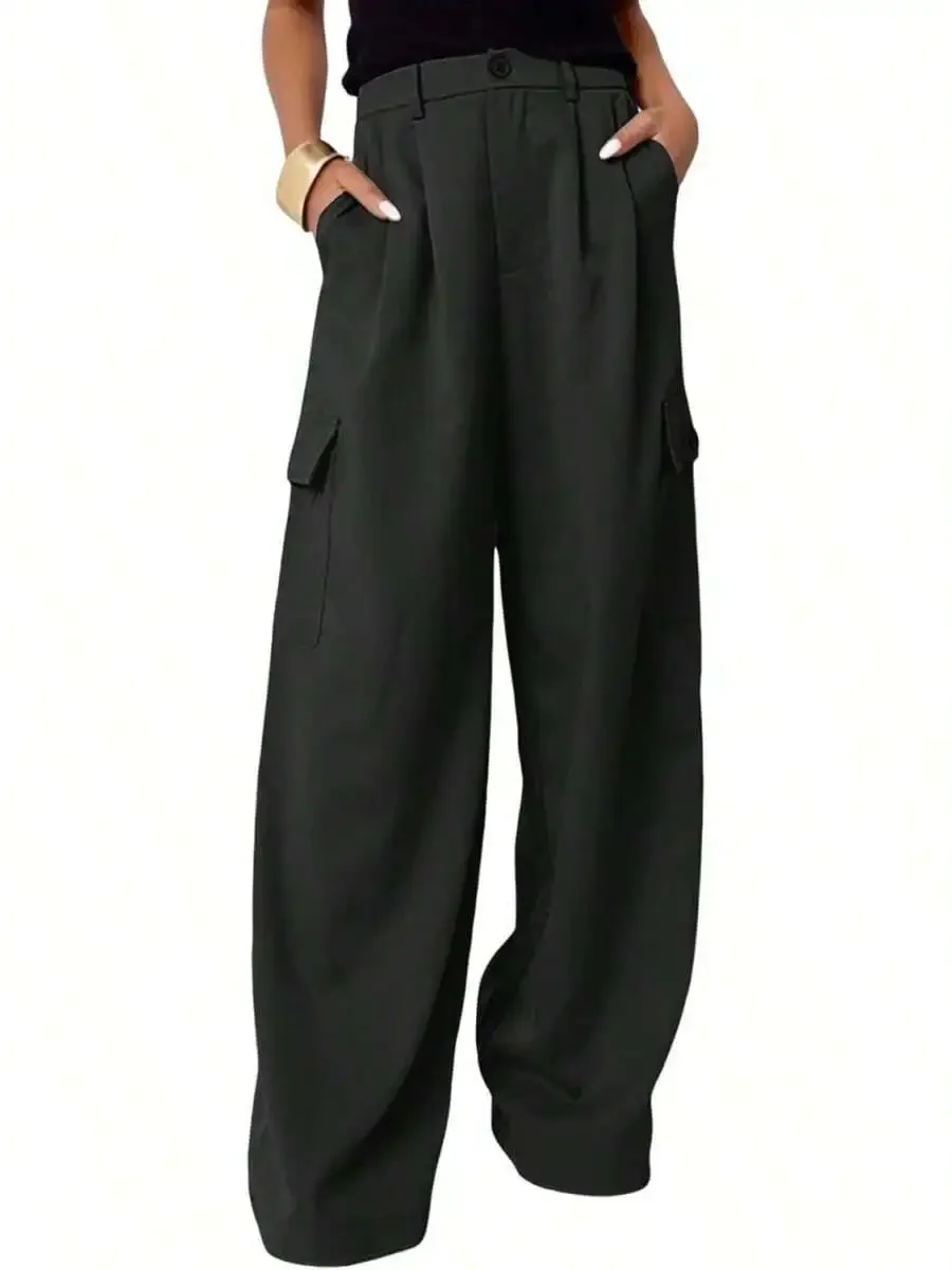 

Women High Waisted Wide Leg Cargo Pants Baggy Casual Work Trousers With 4 Pockets