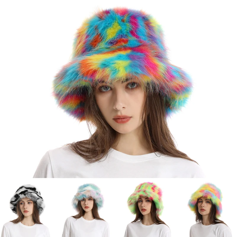 

Winter Faux Fur Bucket Hat Men Colorful Thicken Soft Warm Fluffy Panama Ladies Cap Outdoor Fashion Vacation Women Fisherman Hat