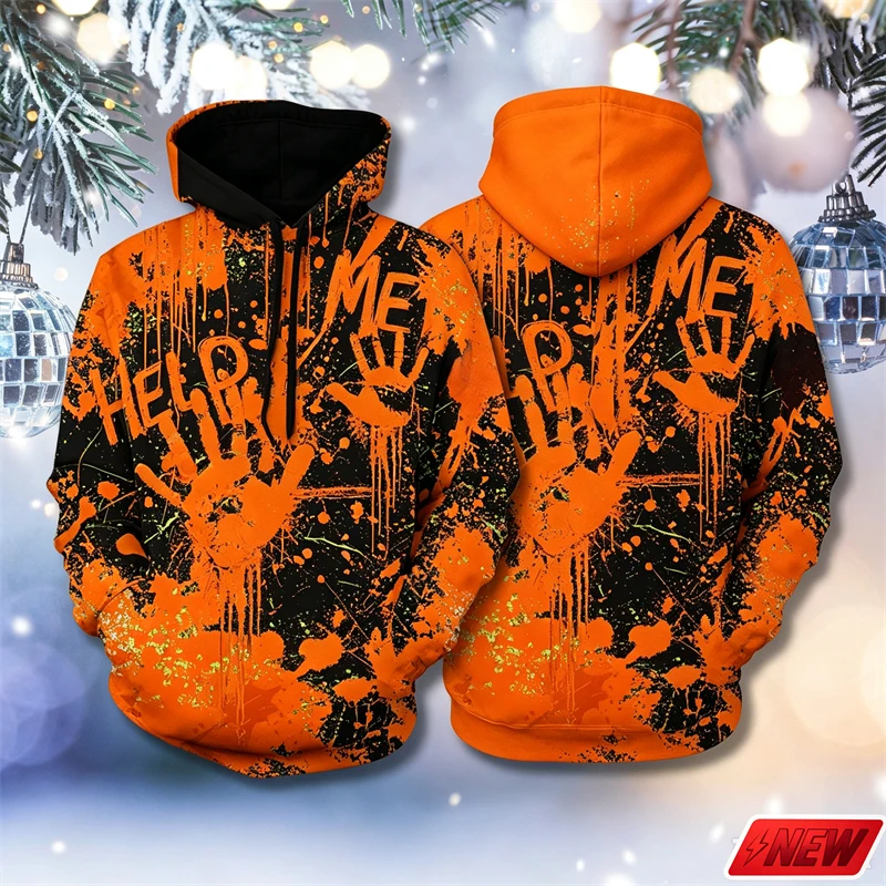Halloween Horror Unisex Men Hoodie 3d Print Blood Handprint HELP ME Pattern Long Sleeve Hooded Sweatshirt Party Holiday Tops