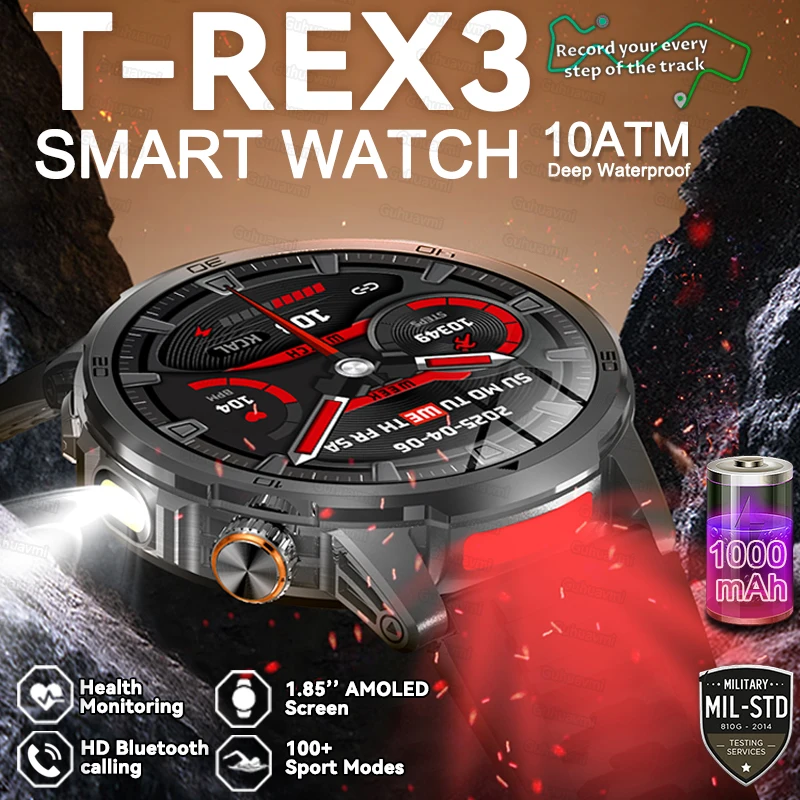 

2025 Новые Смарт-часы T-Rex 3, военный класс, 1000 мАч, аккумулятор, 5 АТМ, водонепроницаемые, GPS, Bluetooth, вызов, AMOLED HD, мужские спортивные умные часы
