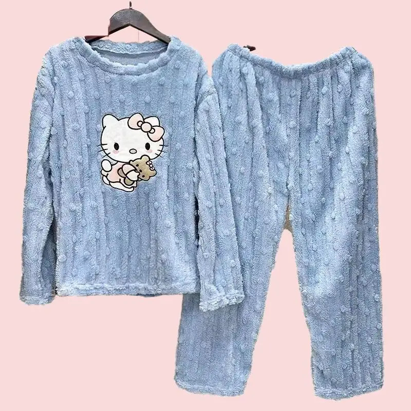 Hello Kitty corail polaire en peluche pyjamas ensemble mignon femmes automne hiver Pijama épaissi flanelle maison fourrure ensemble étudiant chemise de nuit