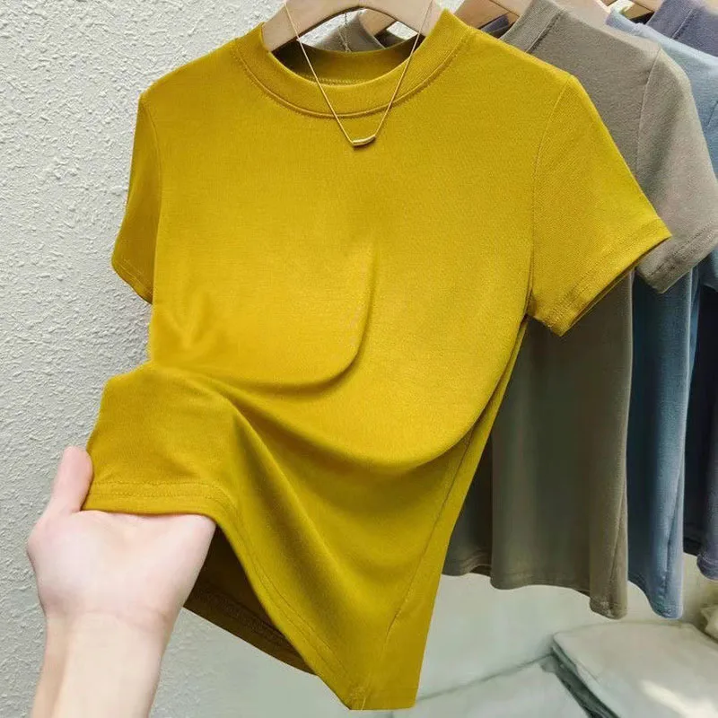 2024 Women\'s Clothing Summer New Short Sleeve Tops T-shirt Crew Neck Classic Solid Fit Versatile Slim facial mask T Top T-Shirts