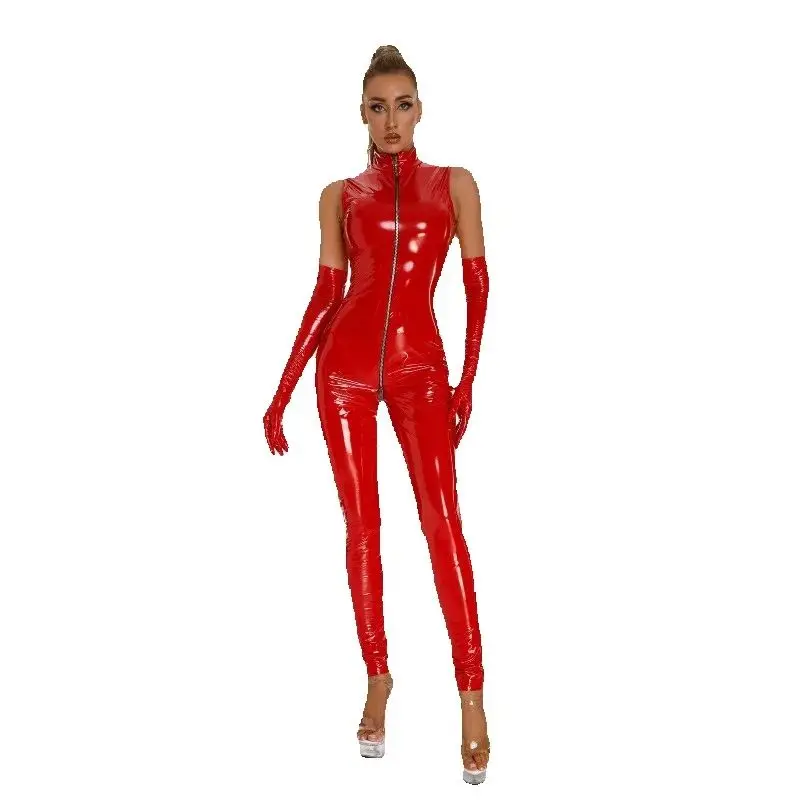 

Sexy Shiny PU Leather Bodysuit Erotic Set Adult Women Sleeveless Slim Plus Size Zipper Open Crotch Party Rave Stage Perfermance