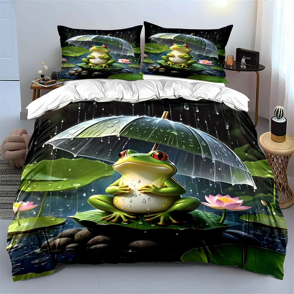 Frog Sitting Under Leaf Umbrella Printed Duvet Cover Set 1 Duvet Cover+2 Pillowcase Multi Size Bedroom Bedding Decoration