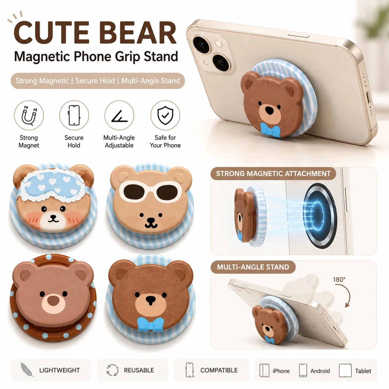 Cute Bear Magnetic Phone Stand Cartoon Telescopic Portable Stand Magnetic Mobile Phone Airbag Stand Girl Gifts
