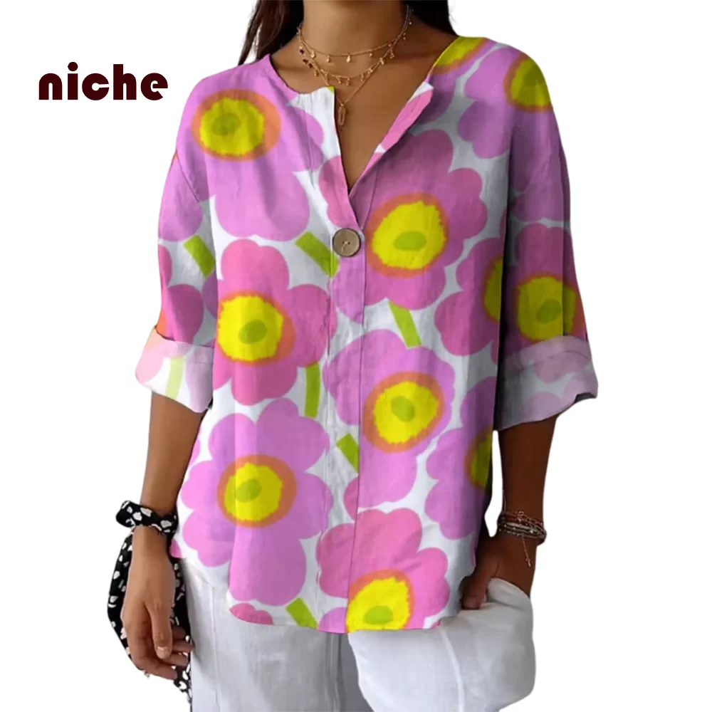 Camisa suave y cómoda para mujer, estampado de flores de colores contrastantes, algodón y lino, tela de alta calidad, mangas largas, nuevo