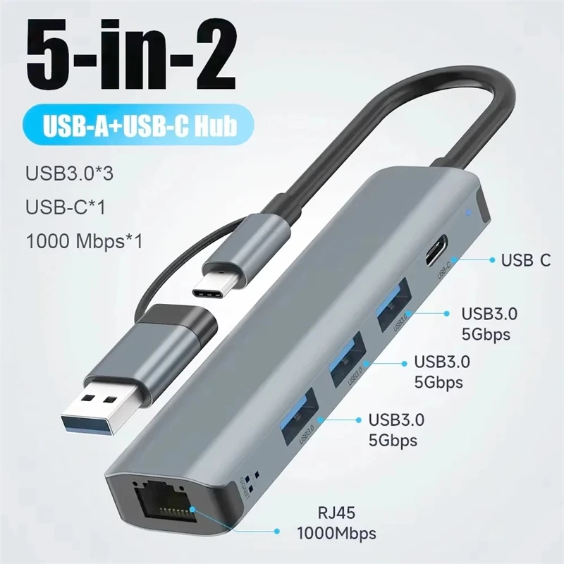 HUB USB 3.0 Docking Station USB-C Data Cable Adapter Ethernet Rj45 Gigabit Network Card Type-C Splitter for Macbook Air M1 M2