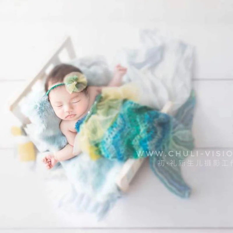Newborn Baby Photography Props Cute Knitted Gradient Mermaid Tail With Lace Headband Accessories Studio Shooting Photo Props