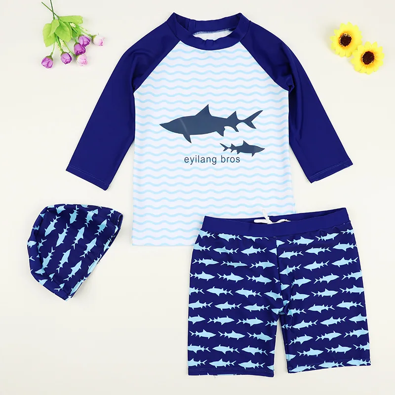 New 2026 Boys Two-piece Swimsuit + Sun Hat Kids Cute Cartoon Shark Sun-protective Long Sleeve Surfing Bathing Suit Baby Swimwear