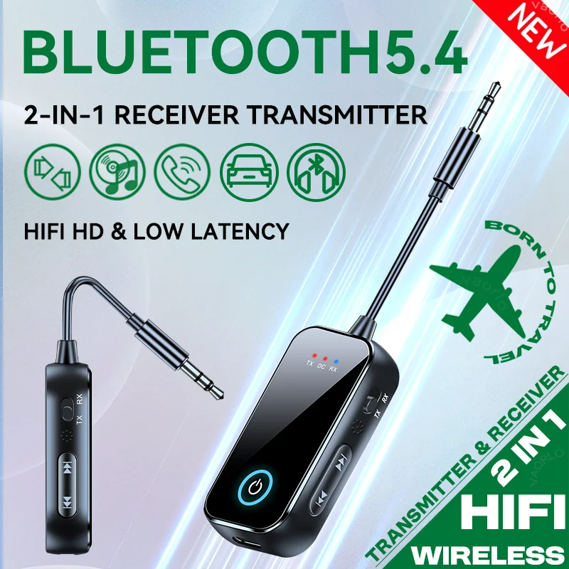 2 In 1 Bluetooth 5.4 Audio Receiver Transmitter Hifi Stereo Wireless Adapter 3.5MM AUX With Mic For Car Airplane TV PC Speaker