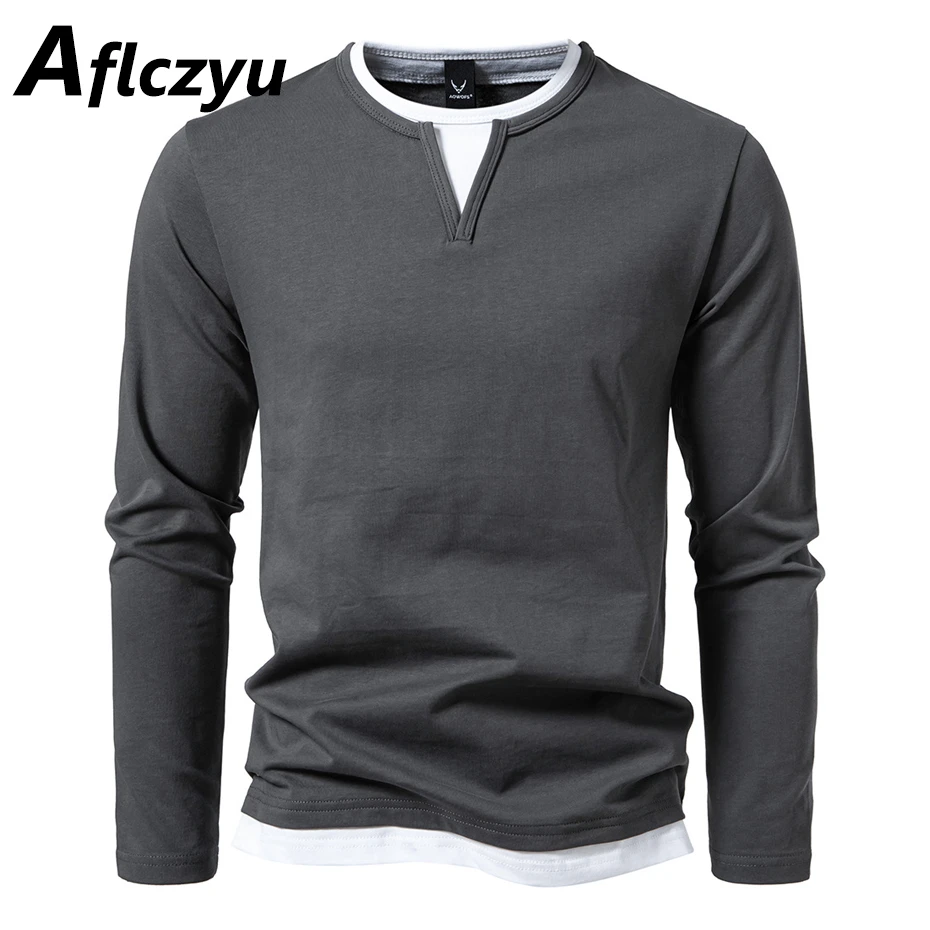 Spring Autumn Long Sleeve T-shirt Men Solid Color V-neck T Shirts Male Cotton Tops Tees Fashion Casual Fake Two Pieces Tshirt