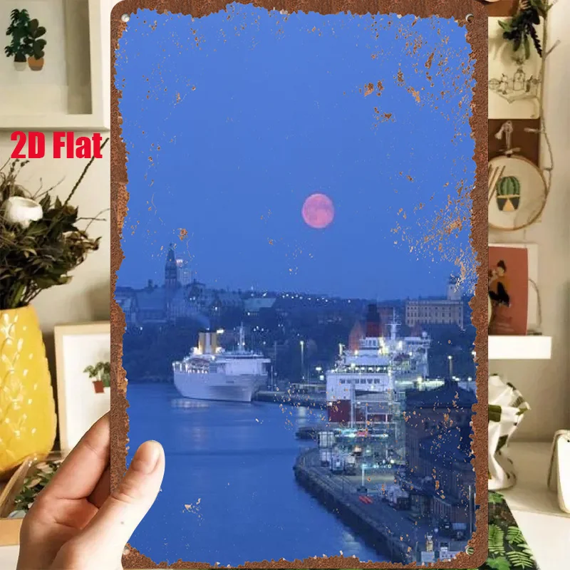 2D Flat - 1pc 2D[Flat] Metal Sign Retro Tin Painting: Port And Full Under The Night, a Warm Scene Suitable for Holiday Decoratio