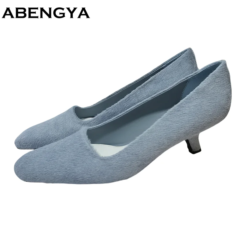 New Horsehair Kitten Heels Party Shoes Women Pumps Point Toe Slip On Loafers Elegant Wedding Shoes For Women 2025