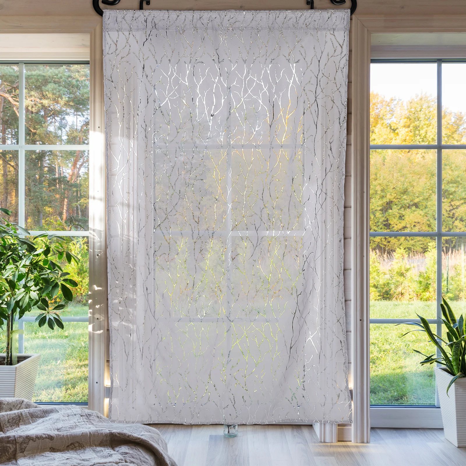 

Single Panel Silver Foil Privacy Sheer Curtain Light Filtering Window Drapes for Living Room Bedroom Dining Room